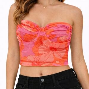 Zara Bandeau Pink and Orange Floral Crop Top Bustier Small Ruched Going Out Soft